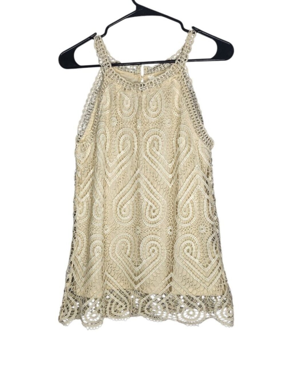 Adiva Beige Halter Top Tank Crochet Lace Lined Interior Size Medium Keyhole Back